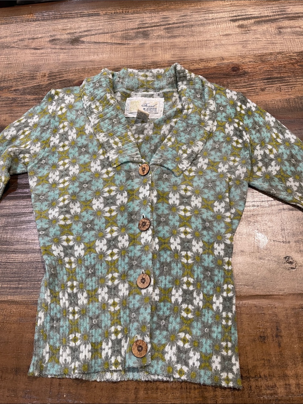 Y2K Fossil Gray Knit Sweater with Mint and Mustard Dot Pattern